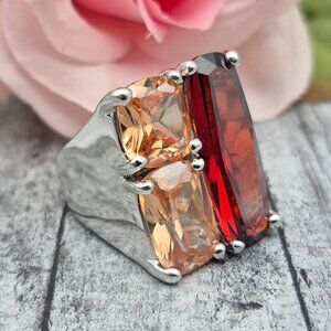 Silver Tone Cocktail Ring Red & Champagne Crystal Bold Rectangular Size 8.5 MINT